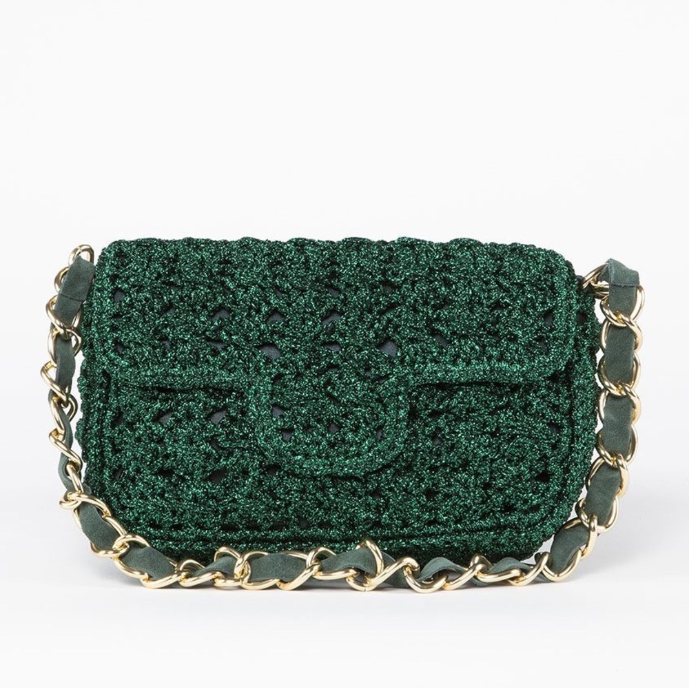 Chic Green Crochet Shoulder Bag with Chain Strap